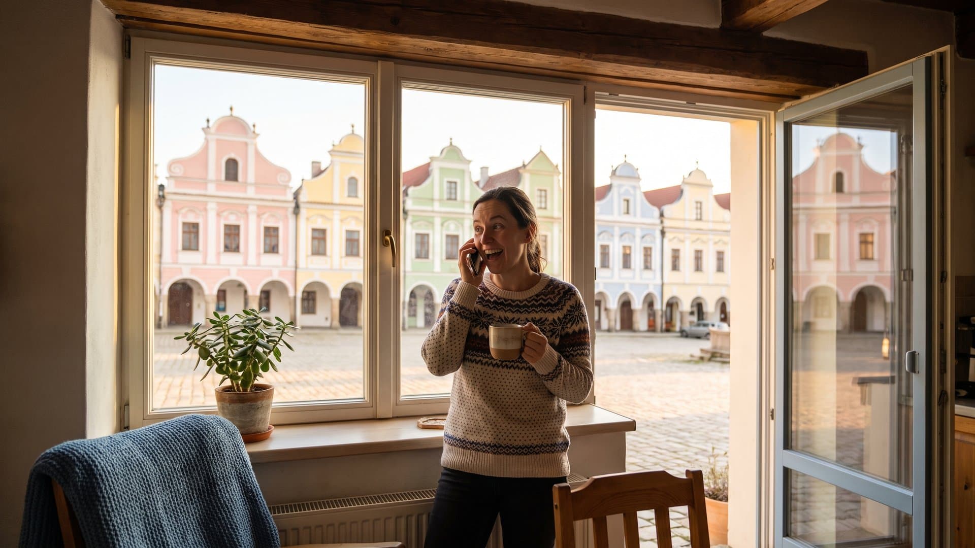 Žena ve své kuchyni, potěšená tím, co slyší v telefonu
