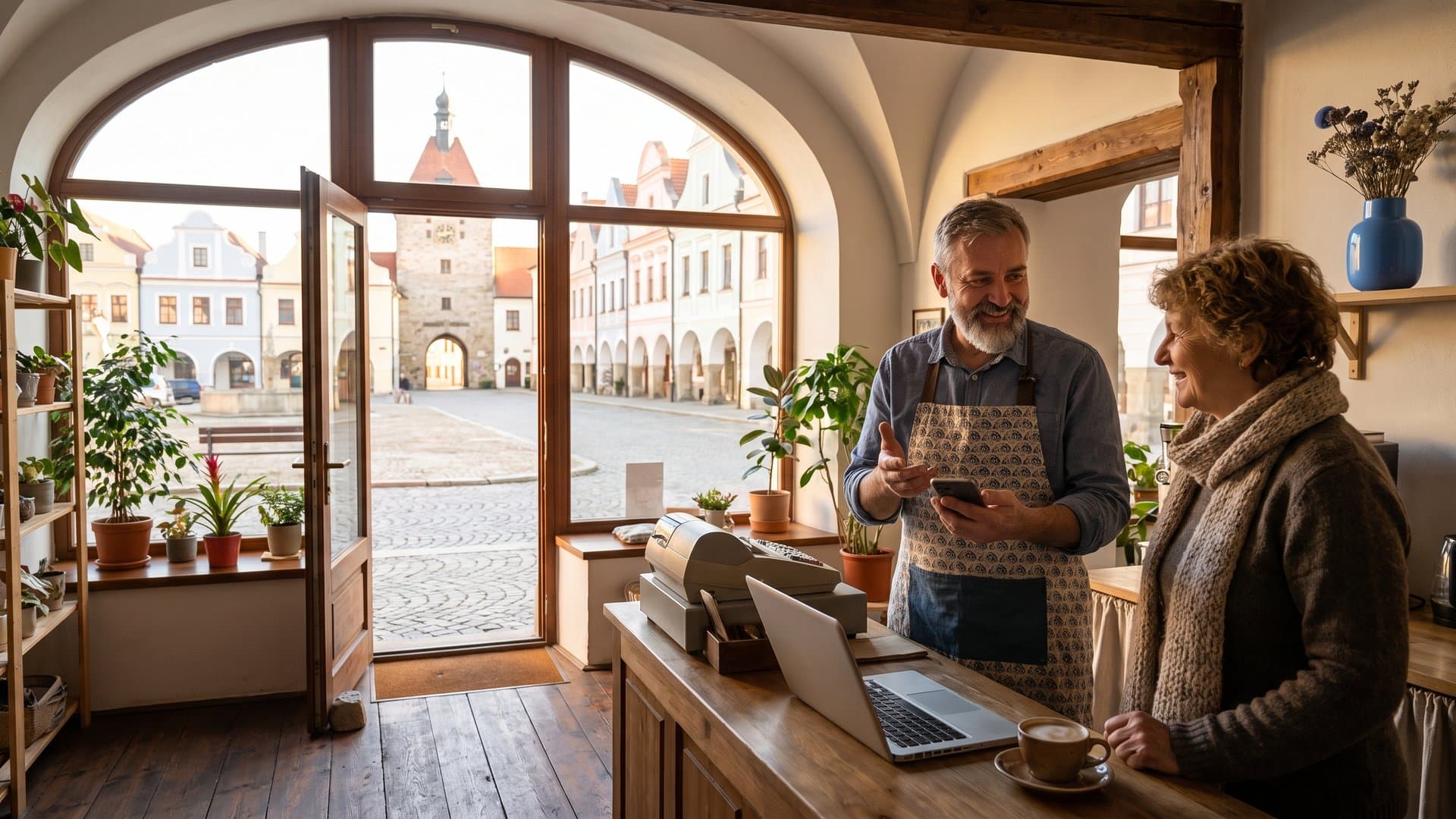 Majitelka obchodu za pultem používá telefon a přitom mluví se zákazníkem