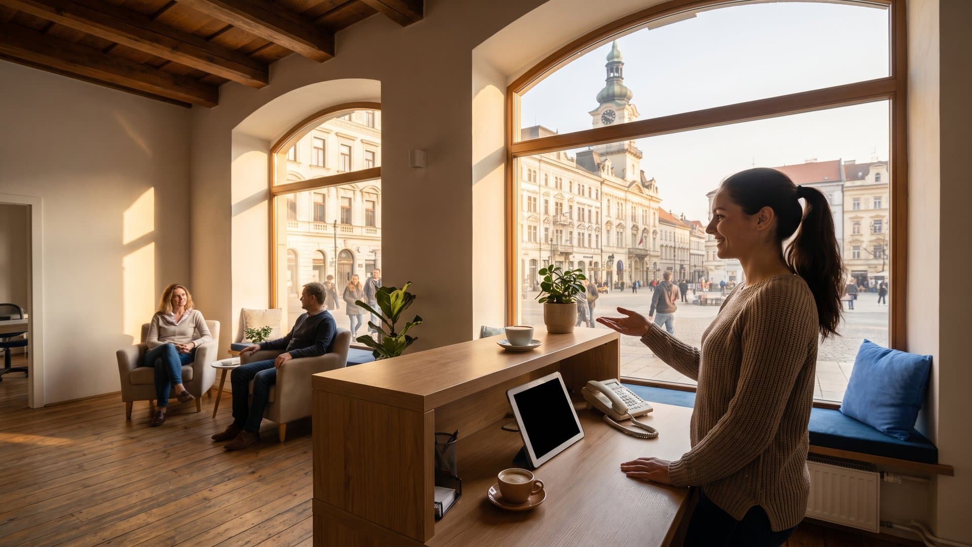 Vlídná recepce lékařské ordinace s tabletem a telefonem