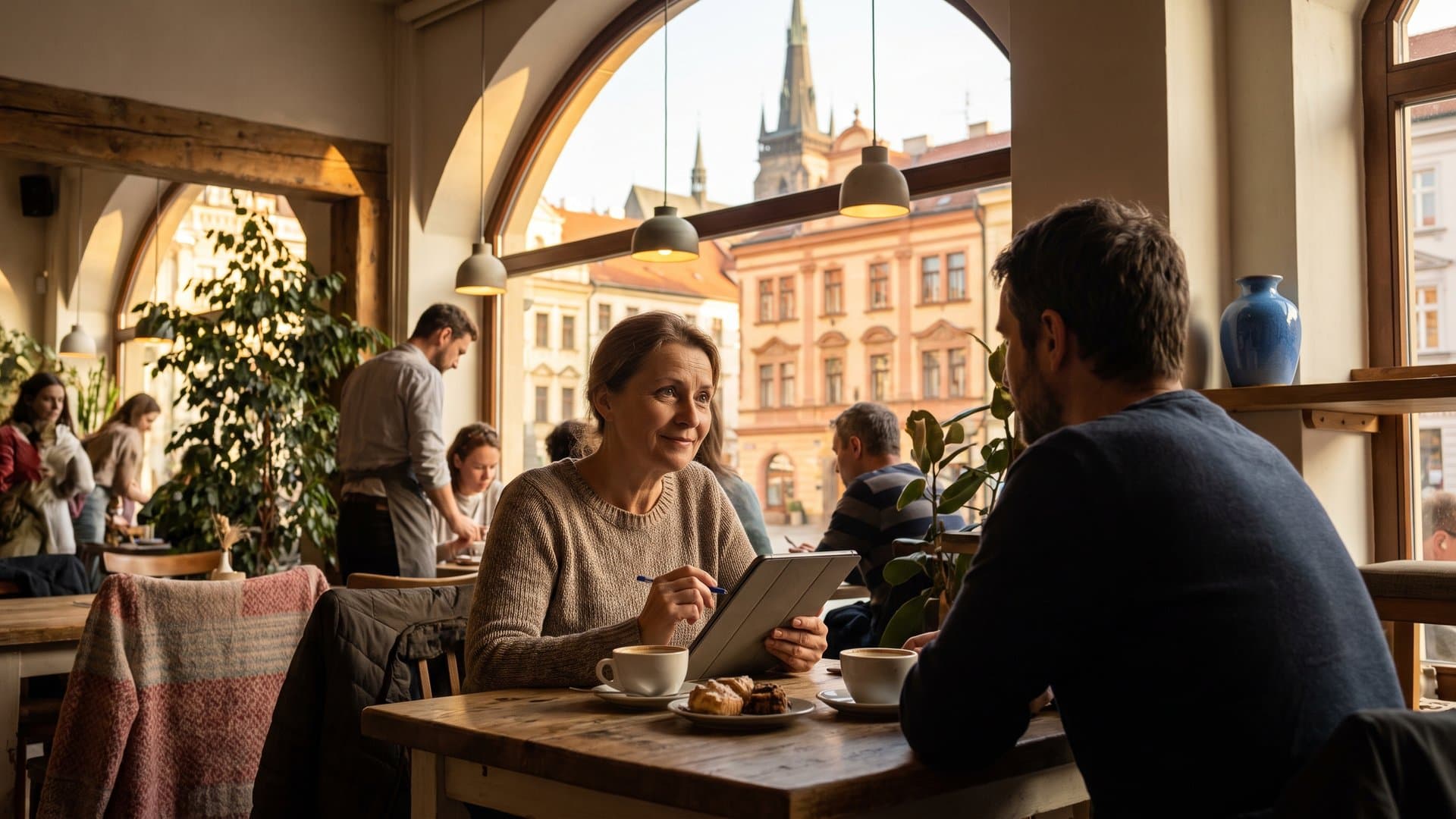 Podnikatelka porovnává dvě možnosti na tabletu u kavárenského stolku