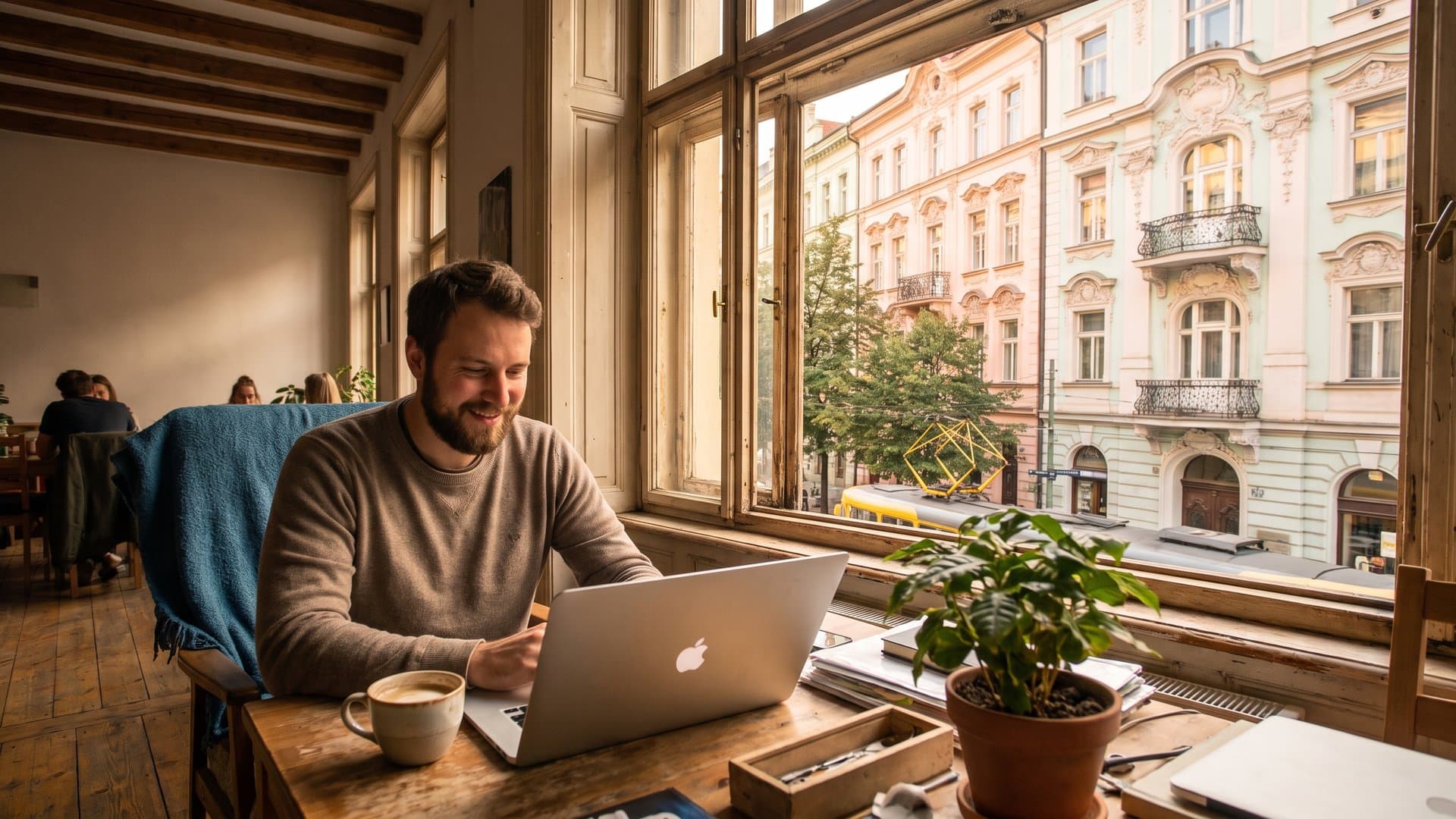 Vývojář pracuje u dřevěného stolu u velkého okna