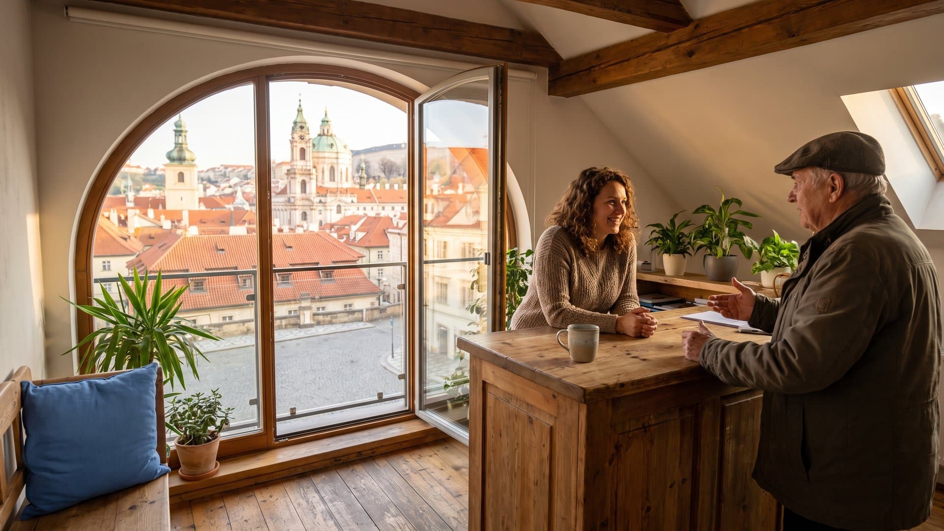 Recepční s úsměvem odpovídá na otázku zákazníka
