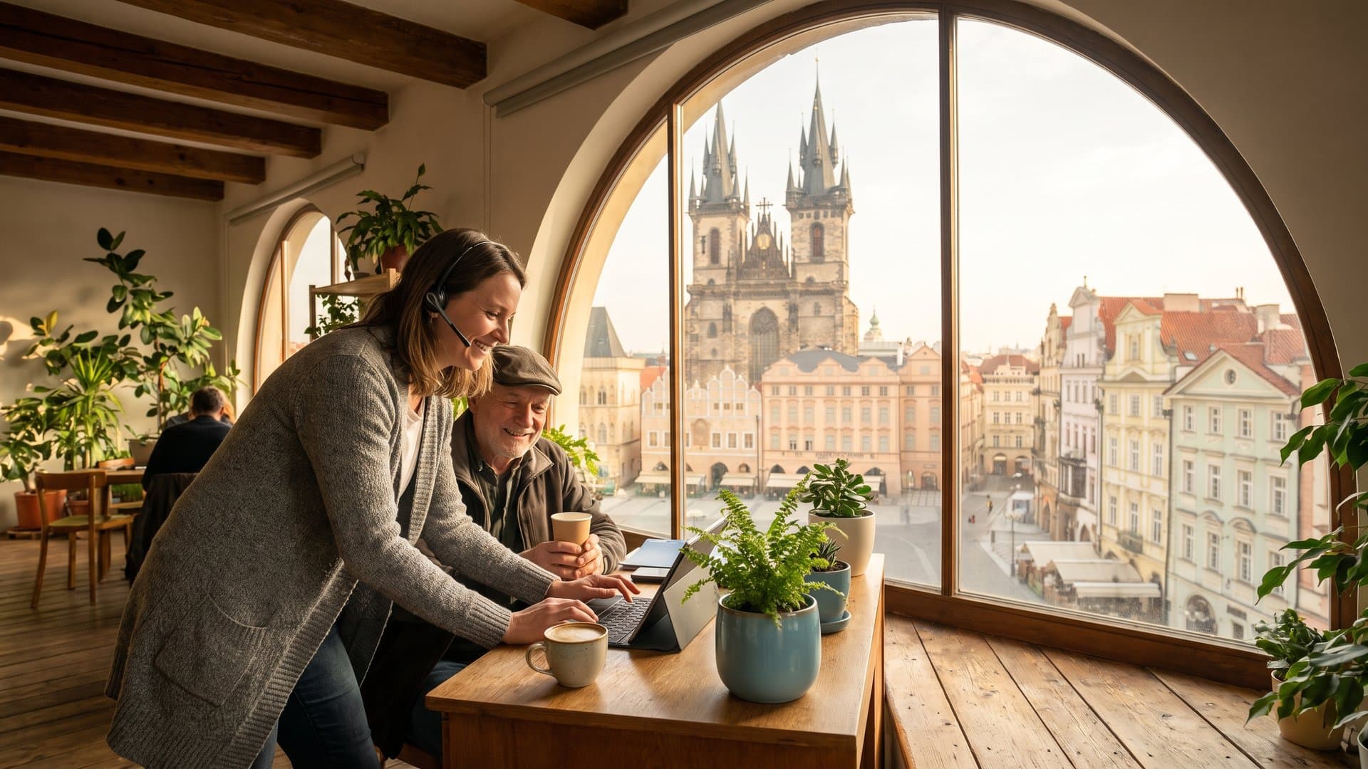 Vlídná pracovnice podpory se sluchátky pomáhá zákazníkovi