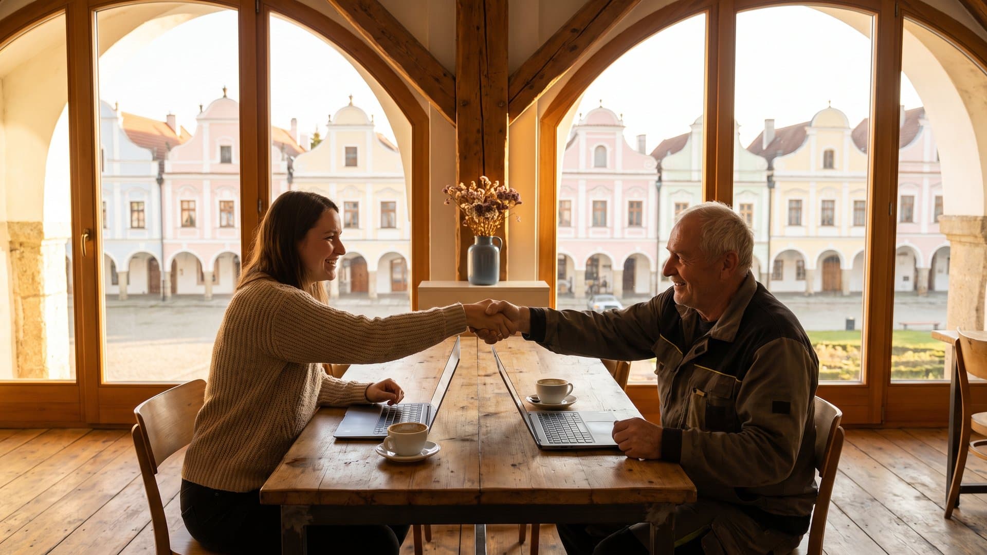 Dva majitelé malých firem si podávají ruce v coworkingu