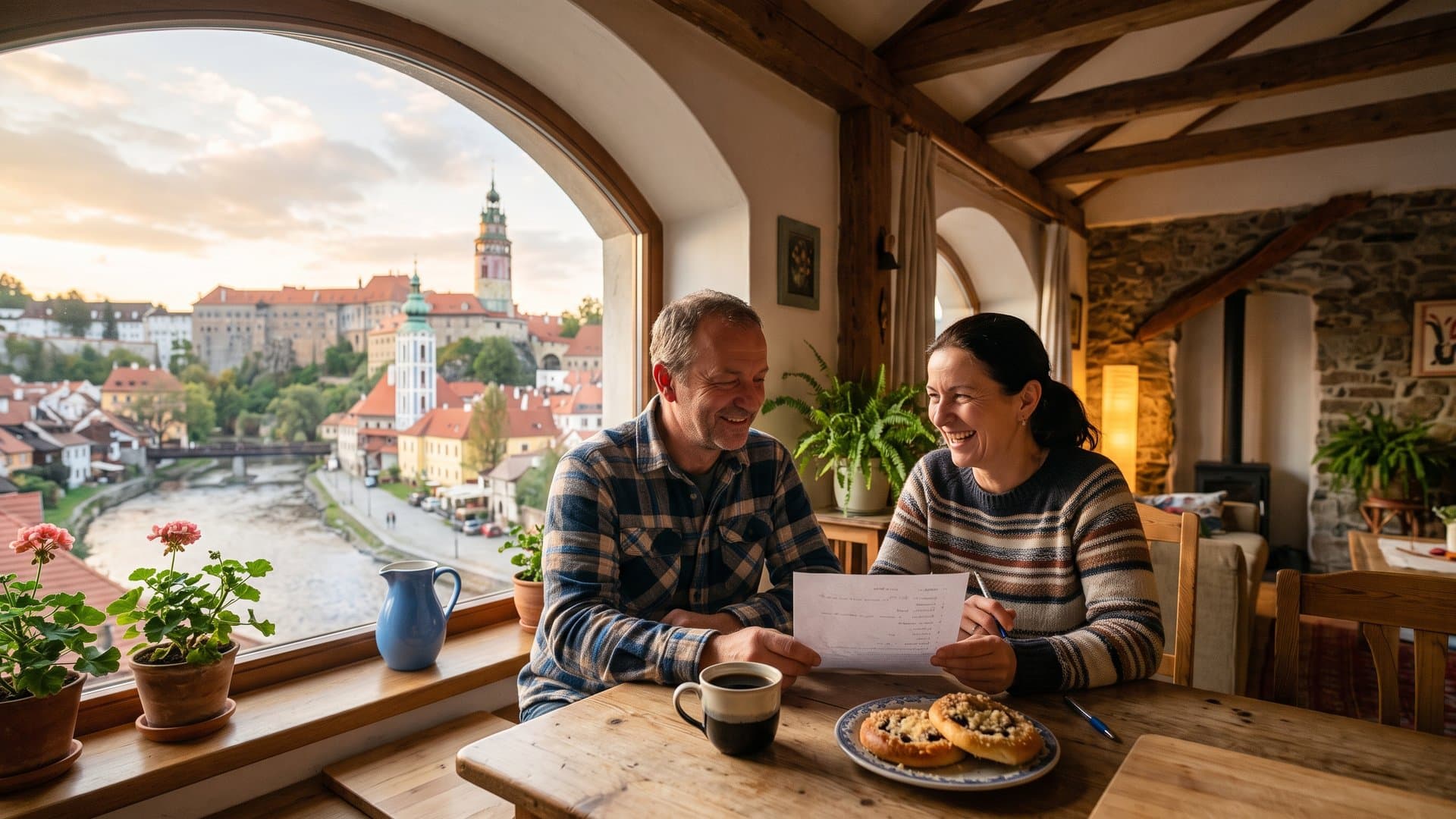 Manželé, kteří vedou malou pekárnu, procházejí u kávy jednoduchý plán