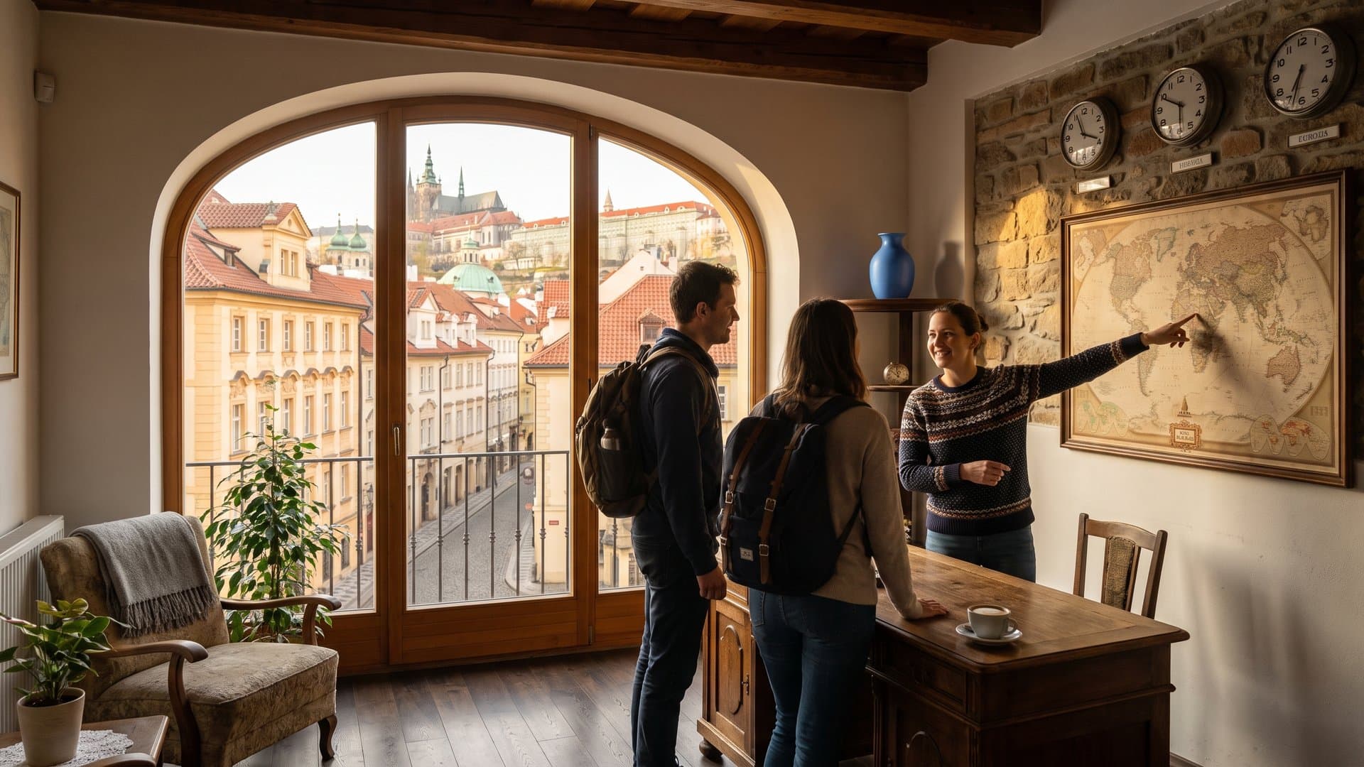 Recepce malého hotelu se starou mapou světa na stěně