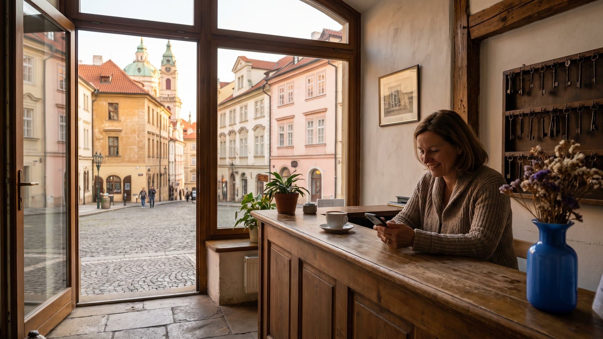 Majitelka penzionu odpovídá hostům na zprávy v telefonu